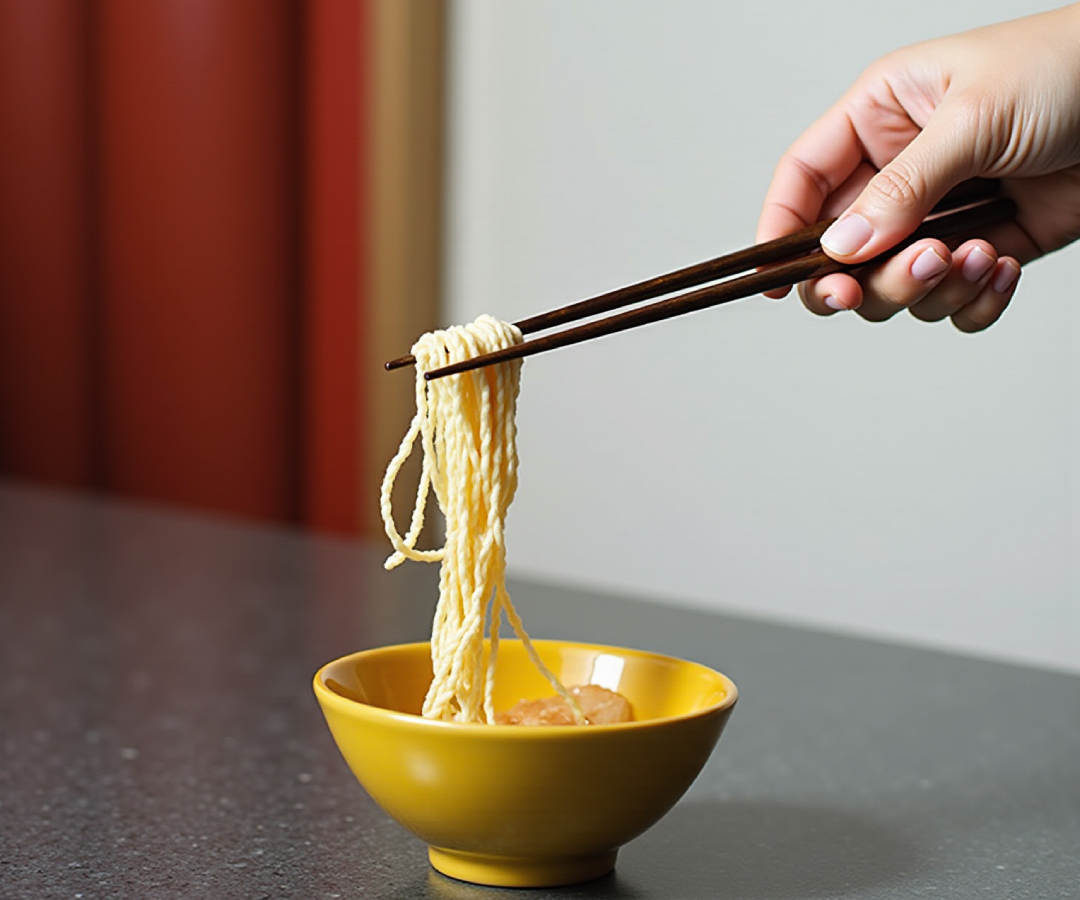 Culinary scene: noodles lifted with chopsticks from a bowl